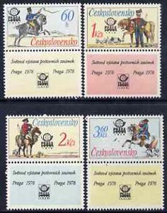 Czechoslovakia 1977 'Praga 78' Stamp Exhibition (4th issue - Postal Riders) set of 4 (each with label) unmounted mint, SG 2339-42, stamps on stamp exhibitions, stamps on horses, stamps on postman, stamps on postal