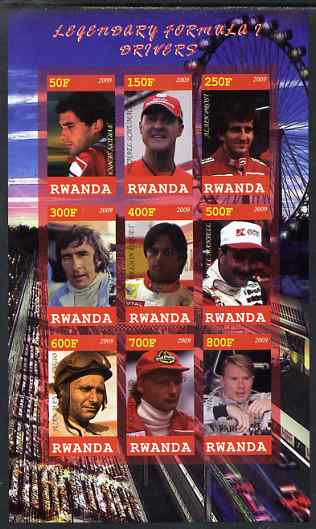 Rwanda 2009 Formula 1 Drivers imperf sheetlet containing 9 values unmounted mint, stamps on personalities, stamps on sports, stamps on  f1 , stamps on formula 1, stamps on scots, stamps on scotland