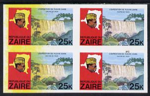 Zaire 1979 River Expedition 25k Inzia Falls imperf block of 4, l/hand stamps with superb yellow wash - caused by scumming unmounted mint (as SG 958). NOTE - this item has..., stamps on waterfalls