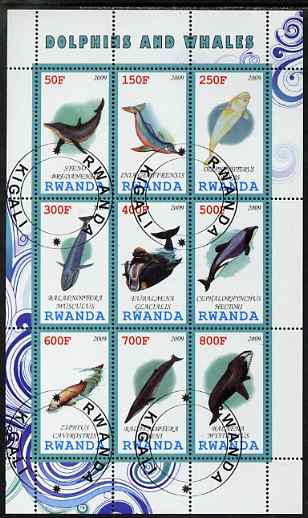Rwanda 2009 Whales & Dolphins perf sheetlet containing 9 values fine cto used, stamps on marine life, stamps on whales, stamps on dolphins, stamps on fish, stamps on mammals
