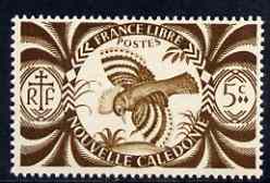 New Caledonia 1942 Kagu Bird 5c brown unmounted mint, SG 267*, stamps on birds