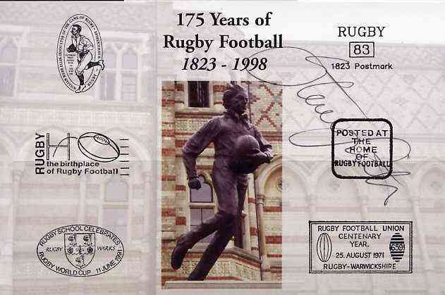 Postcard privately produced in 1998 (coloured) for the 175th Anniversary of Rugby, signed by Steve Smith (Manu Samoa & Rugby Lions) unused and pristine, stamps on rugby, stamps on sport