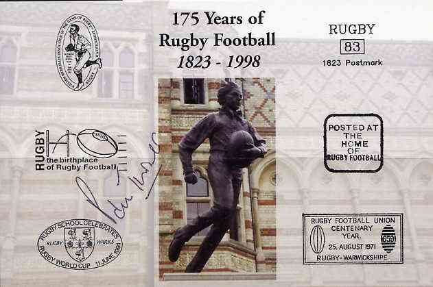 Postcard privately produced in 1998 (coloured) for the 175th Anniversary of Rugby, signed by Paul Turner (Wales - 3 caps) unused and pristine, stamps on rugby, stamps on sport