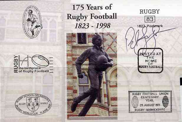Postcard privately produced in 1998 (coloured) for the 175th Anniversary of Rugby, signed by Peter Jorgensen (Australia - 2 caps, Penrith, Northampton) unused and pristine, stamps on rugby, stamps on sport