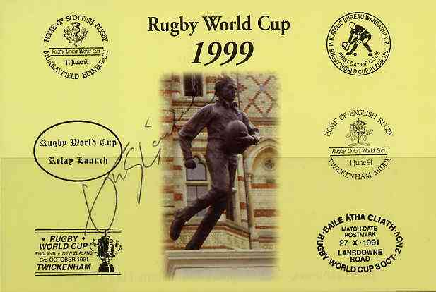 Postcard privately produced in 1999 (coloured) for the Rugby World Cup, signed by John Sleightholme (England - 12 caps, Bath, Northampton) unused and pristine, stamps on rugby, stamps on sport