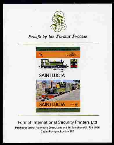 St Lucia 1984 Locomotives #2 (Leaders of the World) 1c 'Taw 2-6-2 UK' se-tenant pair imperf mounted on Format International proof card, stamps on railways
