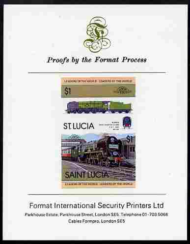 St Lucia 1983 Locomotives #1 (Leaders of the World) $1 Bodmin West Country Class se-tenant pair imperf mounted on Format International proof card, stamps on railways