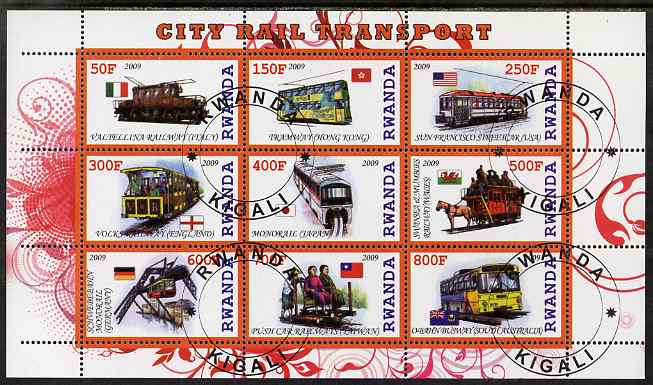 Rwanda 2009 City Transport perf sheetlet containing 9 values fine cto used, stamps on transport, stamps on railways, stamps on trams, stamps on buses, stamps on horses
