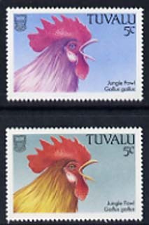 Tuvalu 1988 Red Junglefowl 5c with yellow omitted plus normal, both unmounted mint, SG 502var, stamps on birds, stamps on junglefowl