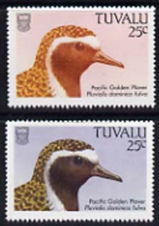 Tuvalu 1988 American Golden Plover 25c with blue omitted plus normal, both unmounted mint, SG 506var, stamps on birds, stamps on plovers
