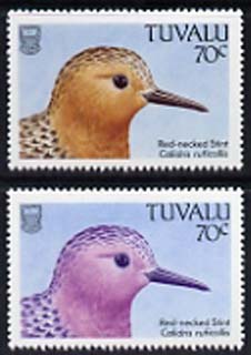 Tuvalu 1988 Sandpiper (Stint) 70c with yellow omitted plus normal, both unmounted mint, SG 514var, stamps on birds, stamps on sandpipers, stamps on stints