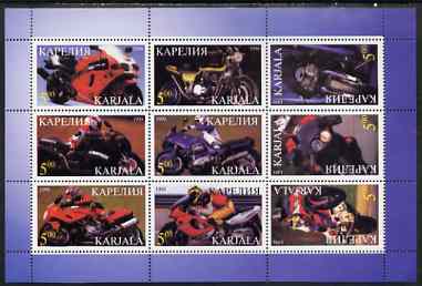 Karjala Republic 1998 Racing Motorcycles perf sheetlet containing set of 9 values complete unmounted mint, stamps on motorbikes