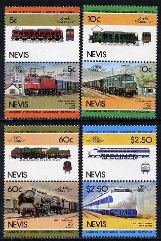 Nevis 1984 Locomotives #2 (Leaders of the World) set of 8 optd SPECIMEN (as SG 219-26) unmounted mint, stamps on railways