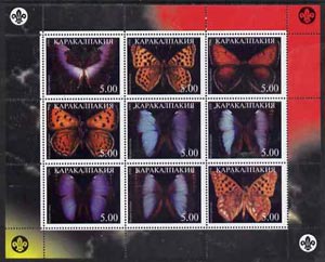Karakalpakia Republic 1998 #3 Butterflies perf sheetlet (with Scout Logo) containing set of 9 values complete unmounted mint, stamps on butterflies, stamps on scouts