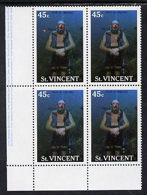 St Vincent 1988 Tourism 45c Scuba Diving unmounted mint corner block of 4, one stamp with large red flaw by Divers shoulder (r/hand pane R4/1) SG 1134, stamps on scuba diving, stamps on tourism