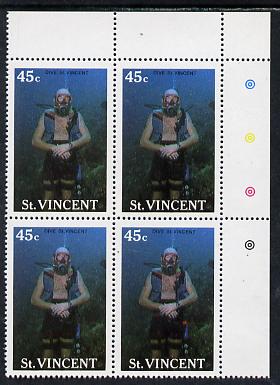 St Vincent 1988 Tourism 45c Scuba Diving unmounted mint corner block of 4, one stamp with large red flaw on Divers shorts (r/hand pane R2/4) SG 1134, stamps on scuba diving, stamps on tourism