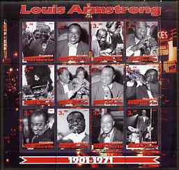 Mordovia Republic 2001 Louis Armstrong perf sheetlet #1 (red text) containing set of 12 values complete unmounted mint, stamps on music, stamps on jazz, stamps on entertainments, stamps on personalities