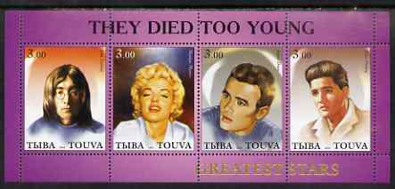 Touva 2001 They Died too Young (Marilyn, J Lennon, Elvis & J Dean) perf sheetlet containing set of 4 values complete unmounted mint, stamps on personalities, stamps on entertainments, stamps on films, stamps on music, stamps on cinema, stamps on marilyn monroe, stamps on elvis, stamps on beatles, stamps on pop