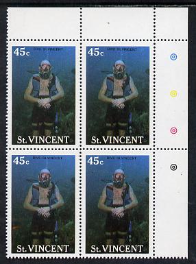 St Vincent 1988 Tourism 45c Scuba Diving unmounted mint corner block of 4, one stamp with 'goldfish' flaw (r/hand pane R2/3) SG 1134, stamps on scuba diving, stamps on tourism