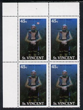 St Vincent 1988 Tourism 45c Scuba Diving unmounted mint corner block of 4, one stamp with massive flaw by Diver's head (l/hand pane R1/1) SG 1134, stamps on scuba diving, stamps on tourism
