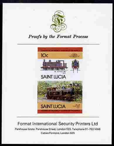 St Lucia 1985 Locomotives #4 (Leaders of the World) 10c '0-6-2 Tank' se-tenant pair imperf mounted on Format International proof card, stamps on railways