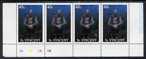 St Vincent 1988 Tourism 45c Scuba Diving unmounted mint cyl strip of 4, one stamp with variety jellyfish below inscription (l/hand pane R5/3) SG 1134, stamps on scuba diving, stamps on tourism
