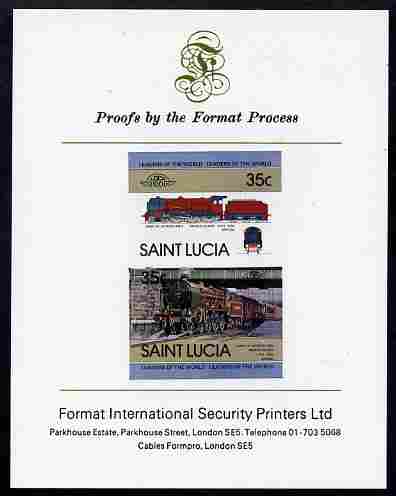 St Lucia 1983 Locomotives #1 (Leaders of the World) 35c Duke of Sutherland se-tenant pair imperf mounted on Format International proof card, stamps on railways