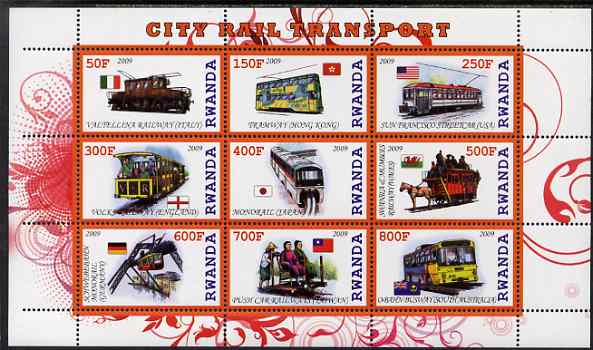 Rwanda 2009 City Transport perf sheetlet containing 9 values unmounted mint, stamps on transport, stamps on railways, stamps on trams, stamps on buses, stamps on horses
