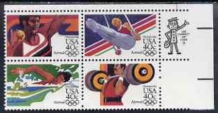 United States 1983 Los Angeles Olympics (1st issue) set of 4 in se-tenant block unmounted mint, SG A2025a, stamps on olympics, stamps on gymnastics, stamps on shot, stamps on swimming, stamps on weightlifting, stamps on  gym , stamps on gymnastics, stamps on 