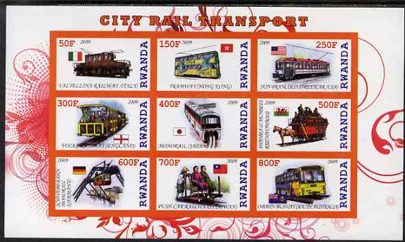 Rwanda 2009 City Transport imperf sheetlet containing 9 values unmounted mint, stamps on transport, stamps on railways, stamps on trams, stamps on buses, stamps on horses