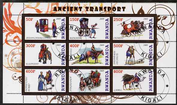 Rwanda 2009 Early Transport perf sheetlet containing 9 values fine cto used, stamps on transport, stamps on horses, stamps on camels, stamps on animals, stamps on elephants, stamps on 