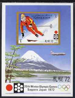 Ajman 1971 Sapporo Winter Olympics imperf m/sheet (Skiier) unmounted mint Mi BL 335, stamps on olympics, stamps on aviation, stamps on skiing, stamps on mountains