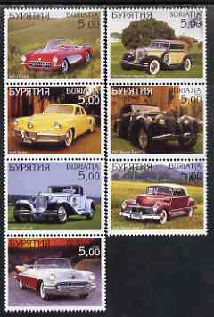 Buriatia Republic 2000 Classic Cars perf set of 7 values complete unmounted mint, stamps on cars, stamps on chrysler, stamps on bugatti, stamps on hudson, stamps on corvette, stamps on tucker, stamps on cord, stamps on olds