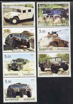 Buriatia Republic 2001 4x4 (Jeeps) perf set of 7 values complete unmounted mint, stamps on cars, stamps on trucks, stamps on militaria