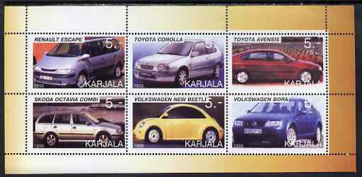 Karjala Republic 1998 Modern Cars perf sheetlet containing set of 6 values complete unmounted mint, stamps on cars, stamps on renault, stamps on toyota, stamps on skoda, stamps on  vw , stamps on 