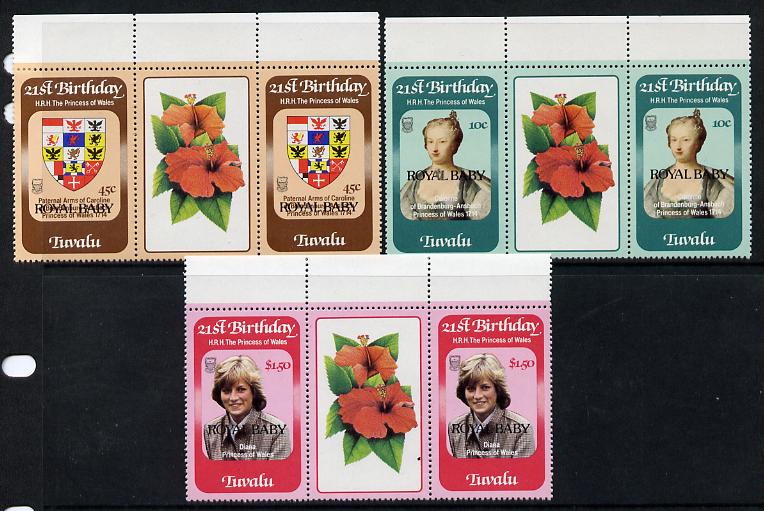 Tuvalu 1982 Birth of Prince William set of 3 gutter pairs unmounted mint, SG 189-91, stamps on , stamps on  stamps on royalty , stamps on  stamps on william, stamps on  stamps on royalty, stamps on  stamps on diana, stamps on  stamps on charles, stamps on  stamps on 