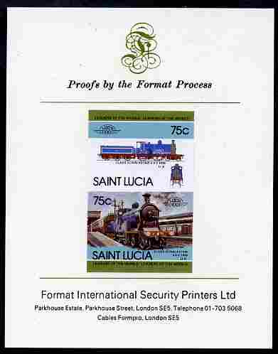 St Lucia 1985 Locomotives #4 (Leaders of the World) 75c 'Dunalastair 4-4-0' se-tenant pair imperf mounted on Format International proof card, stamps on railways