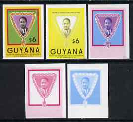 Guyana 1986 Pres Burnham Commem $6 set of 5 imperf progressive proofs comprising 2 individual colours, two 2-colour composites plus all 4 colours unmounted mint, stamps on constitutions, stamps on gold