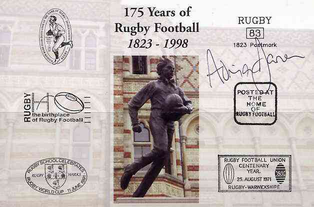 Postcard privately produced in 1998 (coloured) for the 175th Anniversary of Rugby, signed by Adrian Davies (Wales - 9 caps) unused and pristine, stamps on rugby, stamps on sport