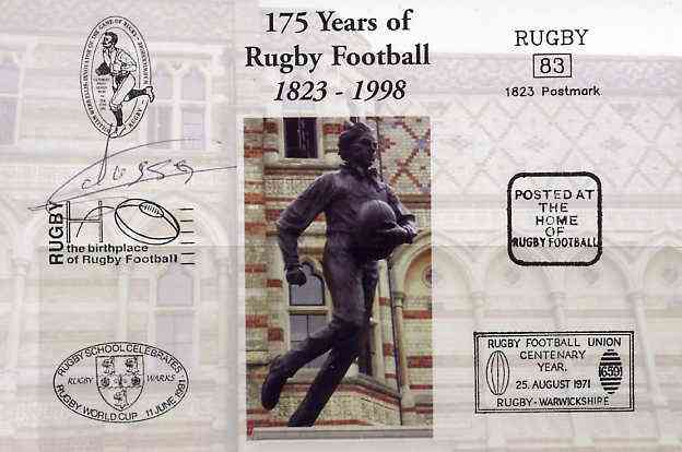 Postcard privately produced in 1998 (coloured) for the 175th Anniversary of Rugby, signed by Alessio Galasso (France - 2 caps & Montferrand) unused and pristine, stamps on rugby, stamps on sport