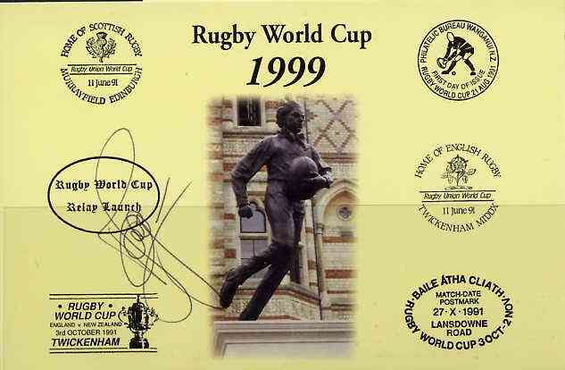 Postcard privately produced in 1999 (coloured) for the Rugby World Cup, signed by Olivier Magne (France - 45 caps & Montferrand) unused and pristine, stamps on , stamps on  stamps on rugby, stamps on  stamps on sport