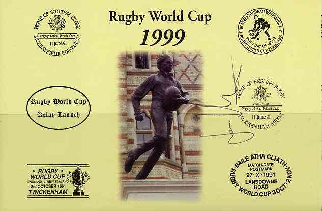 Postcard privately produced in 1999 (coloured) for the Rugby World Cup, signed by Jan Machacek (Czech Republic & Montferrand) unused and pristine, stamps on rugby, stamps on sport
