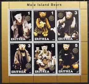 Eritrea 2001 Mole Island Teddy Bears perf sheetlet #1 containing 6 values (each with Rotary logo) unmounted mint, stamps on , stamps on  stamps on bears, stamps on teddy bears, stamps on rotary