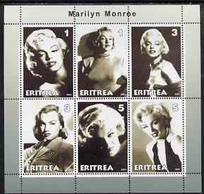 Eritrea 2001 Marilyn Monroe perf sheetlet #1 containing 6 values unmounted mint, stamps on marilyn monroe, stamps on films, stamps on cinema, stamps on entertainments, stamps on women