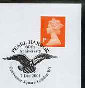 Postmark - Great Britain 2001 cover with 60th Anniversary of Pearl Harbour Grosvenor Square cancel illustrated with American Eagle, stamps on aviation, stamps on ww2, stamps on americana, stamps on birds of prey, stamps on eagles, stamps on  ww2 , stamps on 