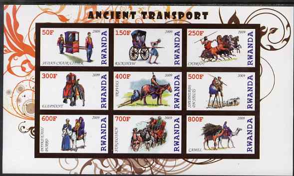 Rwanda 2009 Early Transport imperf sheetlet containing 9 values unmounted mint, stamps on transport, stamps on horses, stamps on camels, stamps on animals, stamps on elephants, stamps on 