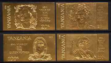 Tanzania 1985 Life & Times of HM Queen Mother imperf set of 4 values inscribed HM the Queen Mother, embossed in 22k gold foil (different inscription to issued stamps) unm..., stamps on royalty, stamps on queen mother