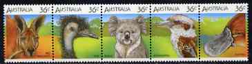 Australia 1986 Australian Wildlife (1st series) se-tenant strip of 5 unmounted mint, SG 1023a, stamps on , stamps on  stamps on animals, stamps on birds, stamps on koalas, stamps on bears, stamps on kangaroos, stamps on mammals, stamps on kookaburras