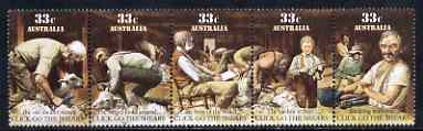 Australia 1986 Scenes from the folksong Click Go The Shears se-tenant strip of 5 unmounted mint, SG 1014a, stamps on music, stamps on animals, stamps on sheep, stamps on ovine, stamps on textiles, stamps on wool