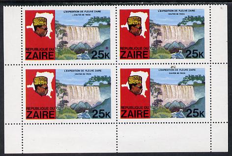 Zaire 1979 River Expedition 25k Inzia Falls block of 4, one stamp with large dark flaw above value unmounted mint (as SG 958), stamps on waterfalls